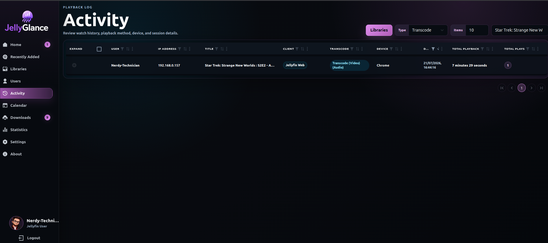 JellyGlance activity page